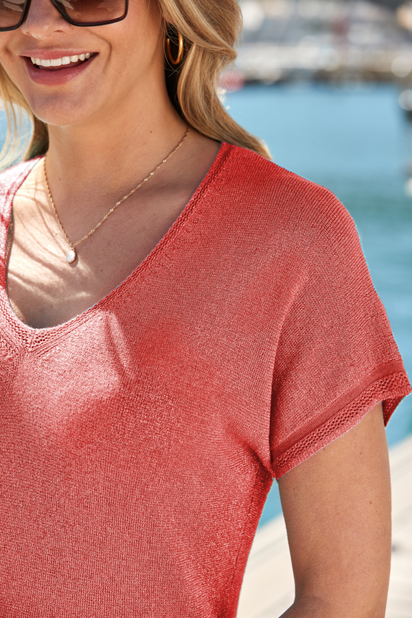 Coral Sparkle Fine Knit Pointelle Detail Top