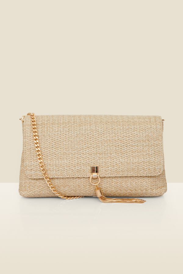 Natural Raffia Clutch With Tassel Detail