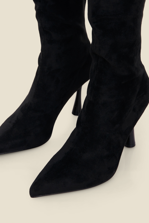 Black Faux Suede Knee High Flared Heel Boots