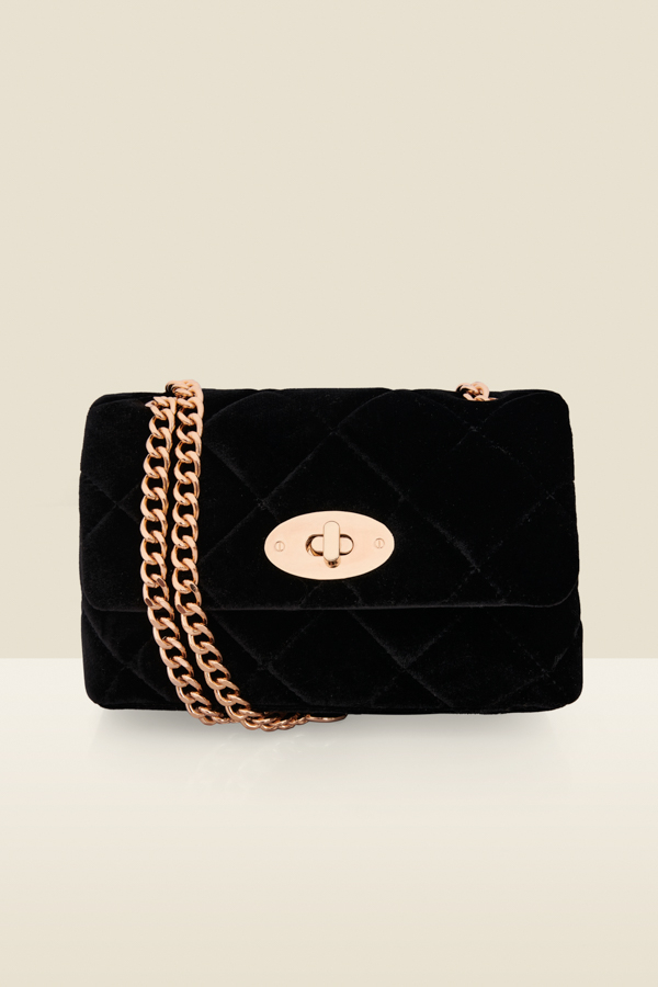 Black Velvet Quilted Clasp Detail Cross Body Bag