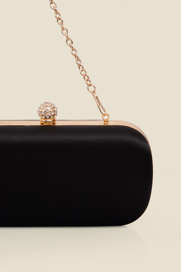 Black Satin Clutch Bag With Diamante Detail