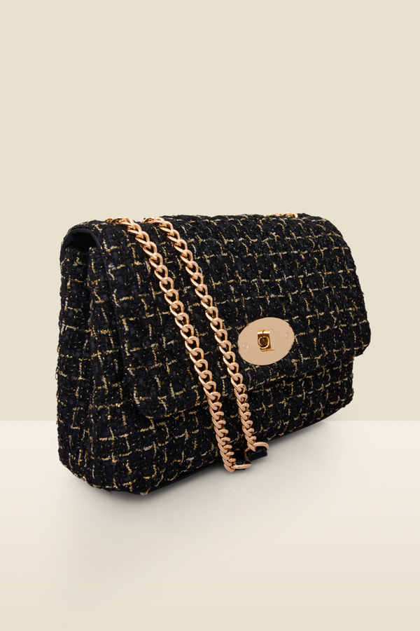 Black & Gold Metallic Quilted Clasp Detail Cross Body Bag