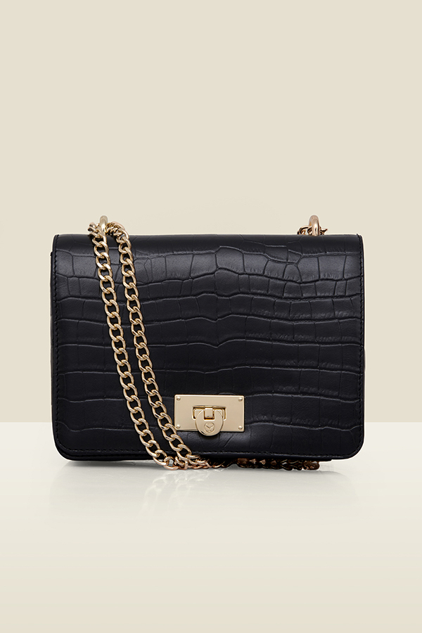 Black Leather Croc Shoulder Bag