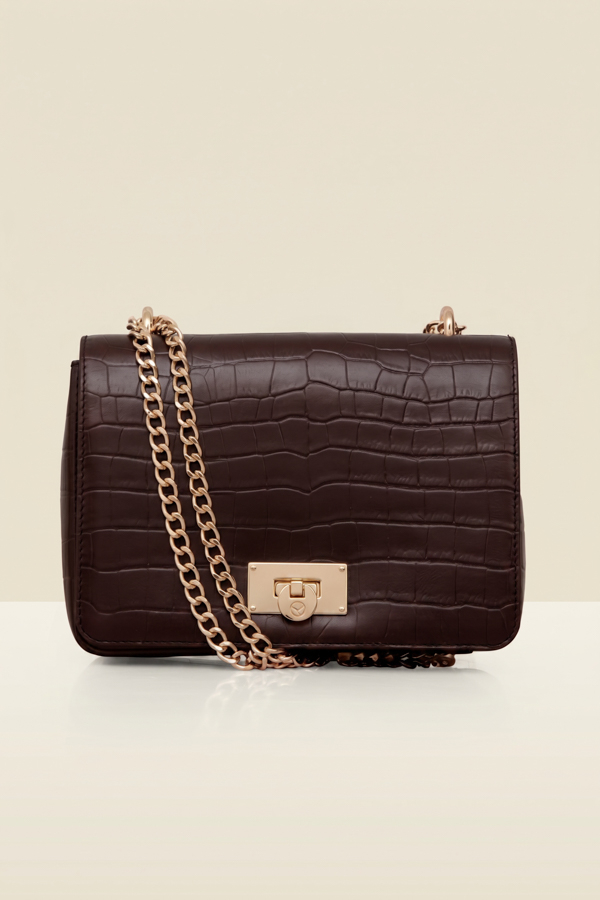 Brown Leather Croc Shoulder Bag