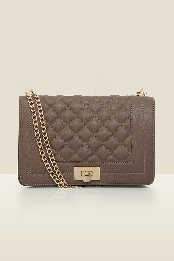 Taupe Leather Quilted Shoulder Bag