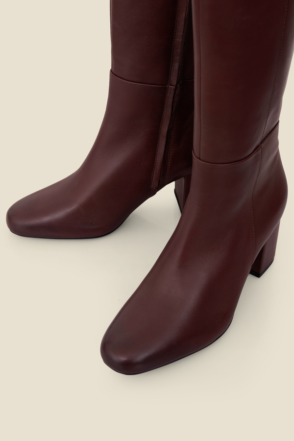 Burgundy Leather Mid Heel Knee High Boots
