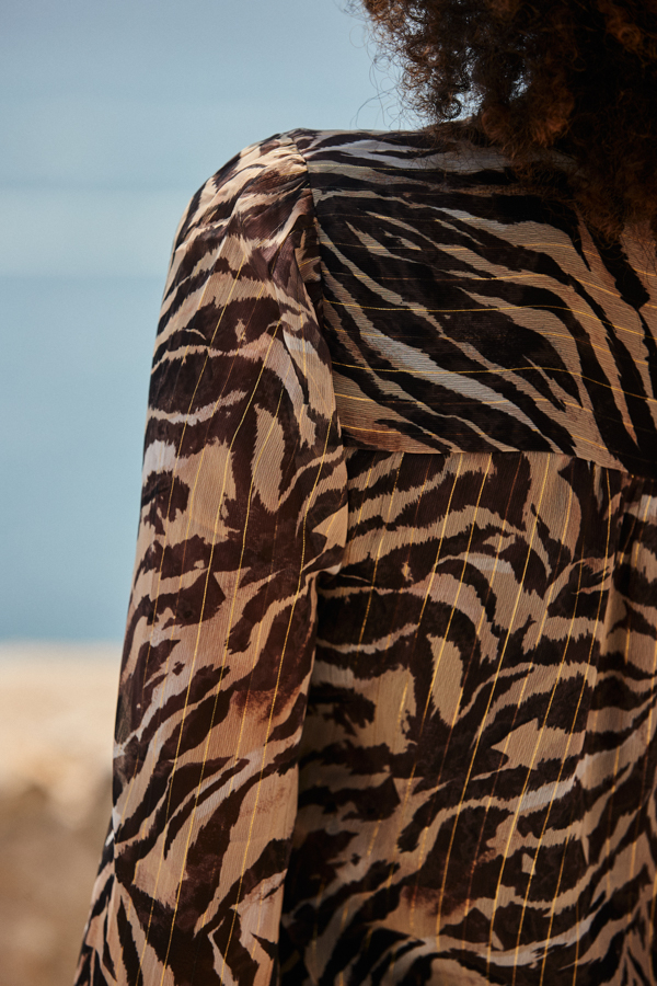 Animal Print Metallic Thread Tie Neck Blouse