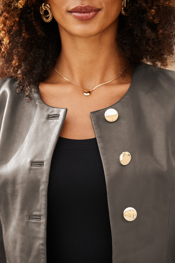 Taupe Collarless Leather Jacket With Gold Buttons