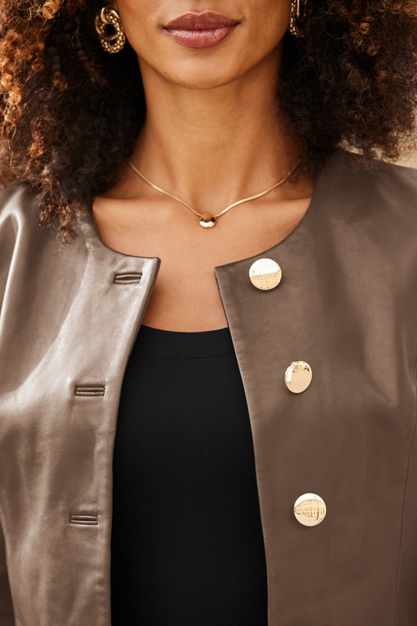 Taupe Collarless Leather Jacket With Gold Buttons