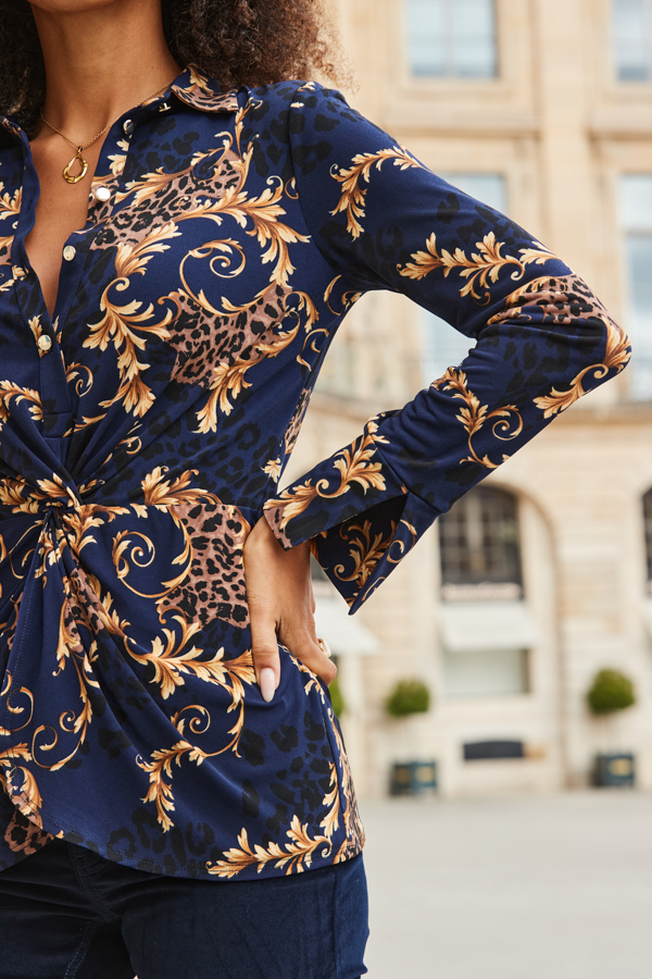 Navy Blue Baroque Print Twist Front Shirt