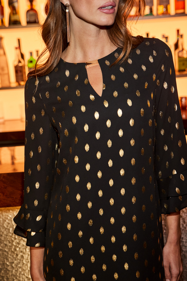 Black & Gold Metallic Fleck Print Keyhole Detail Shift Dress