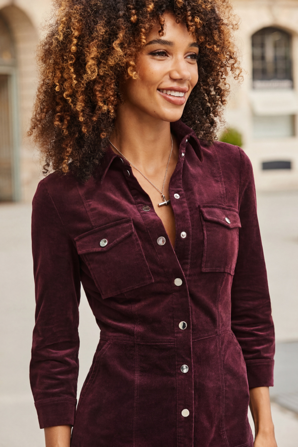 Burgundy Velvet Popper Front Dress