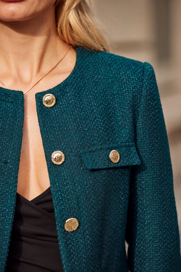 Teal Green Boucle Collarless Jacket