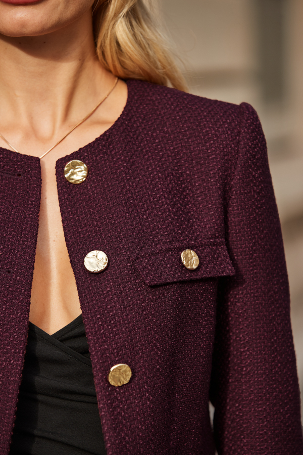 Petite Burgundy Boucle Collarless Jacket