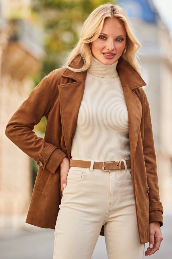 Tan Faux Suede Mid Length Trench Coat