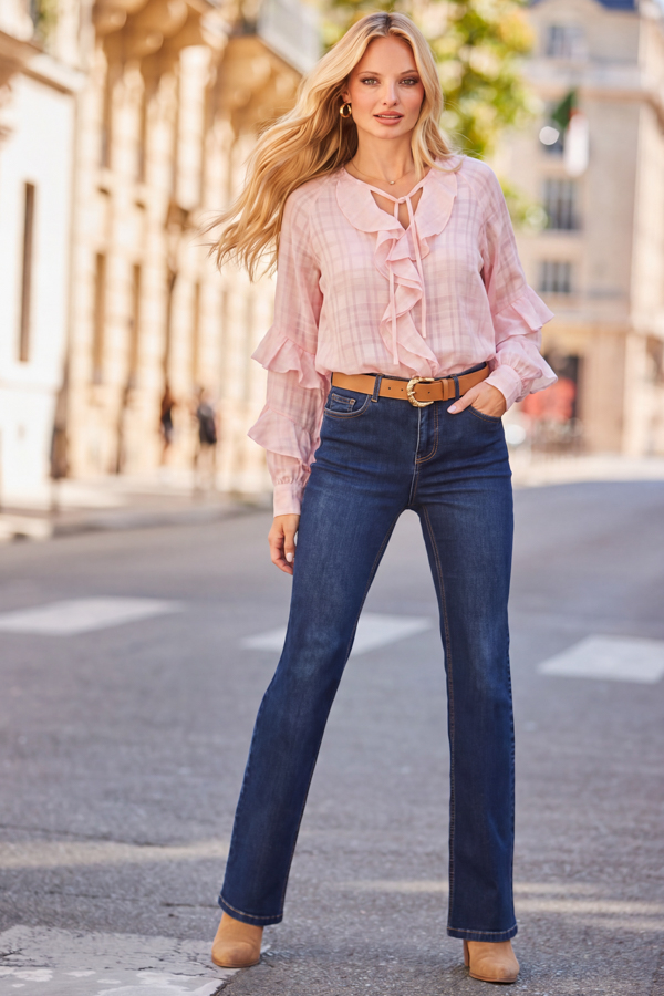 Pink Check Print Ruffle Detail Blouse