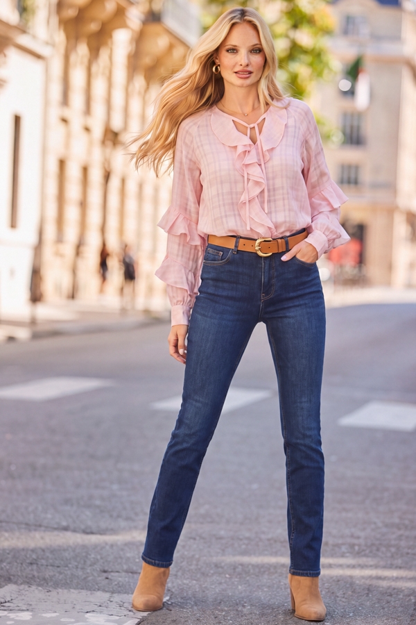 Pink Check Print Ruffle Detail Blouse