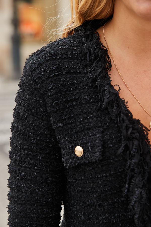 Black Noir Fringe Trim Boucle Cardigan