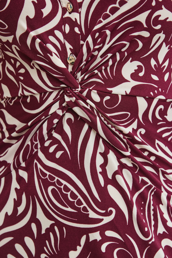 Burgundy Paisley Print Twist Front Dress