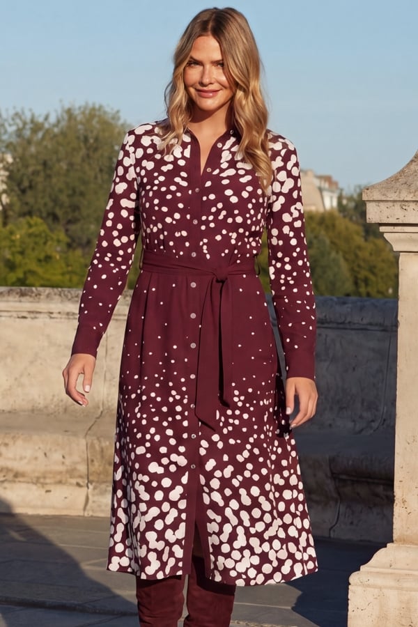 Burgundy Geometric Spot Print Shirt Dress