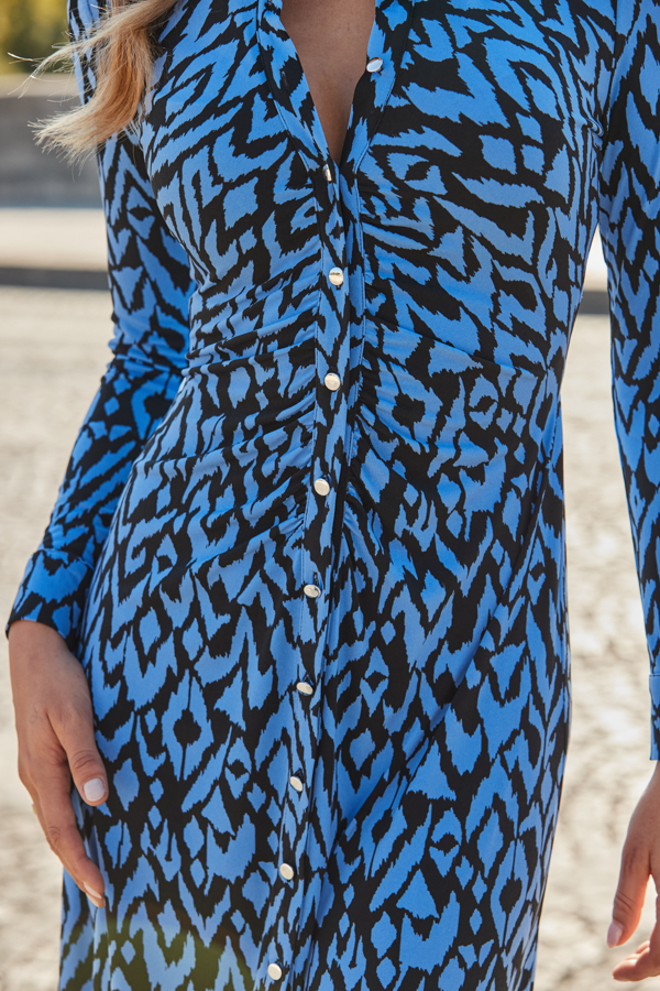 Blue Aztec Print Ruched Front Shirt Dress