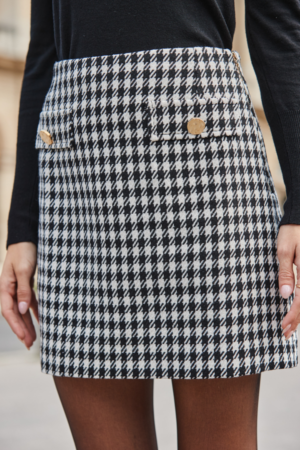 Black & White Houndstooth Print Mini Skirt