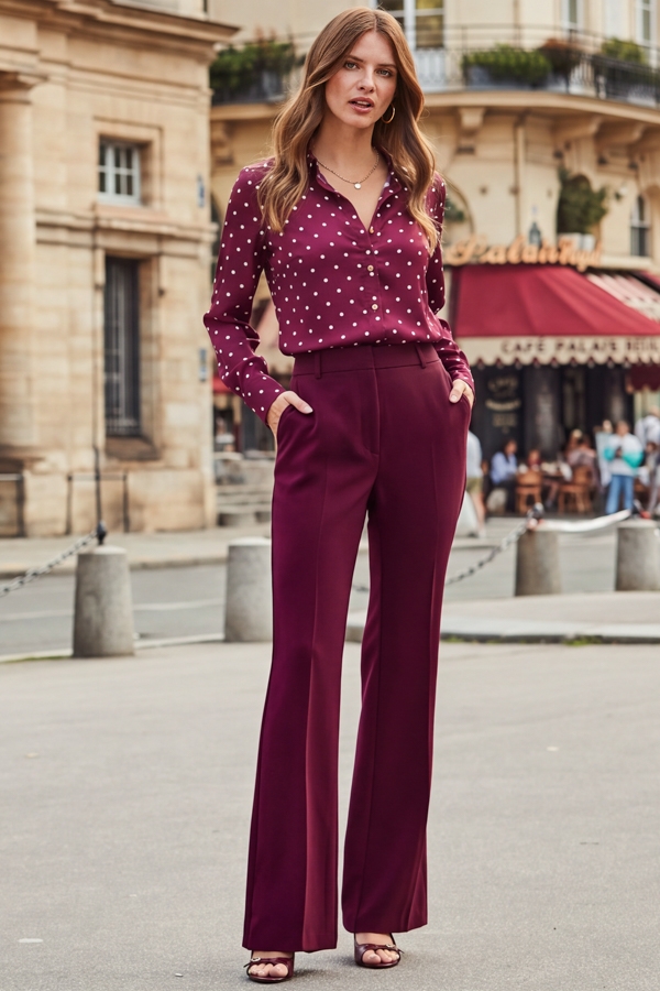 Burgundy Polka Dot Print Satin Shirt With Gold Buttons