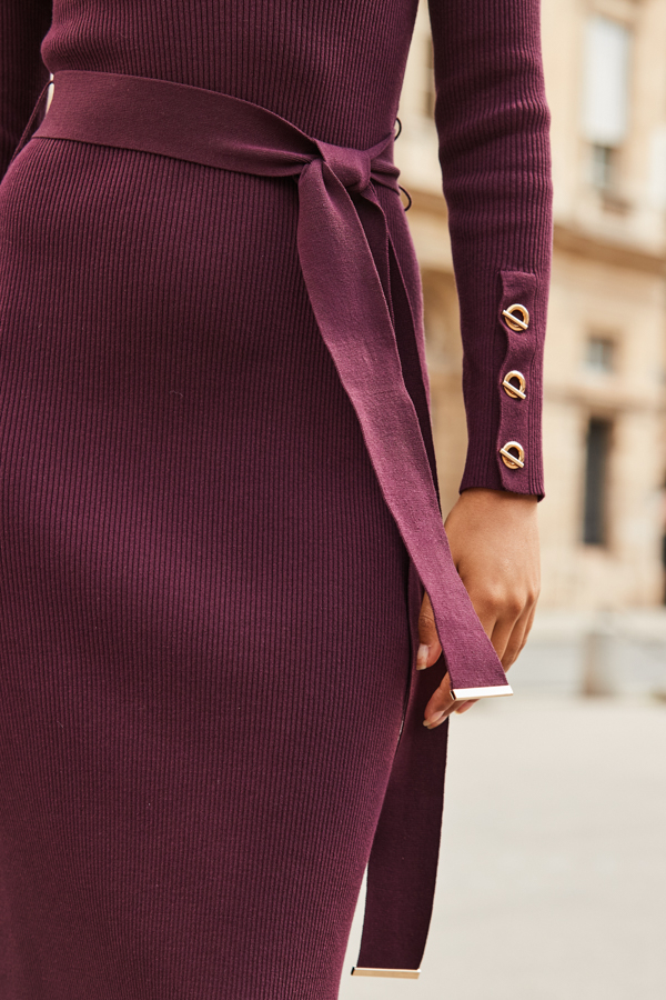 Burgundy Belted Knit Midi Dress