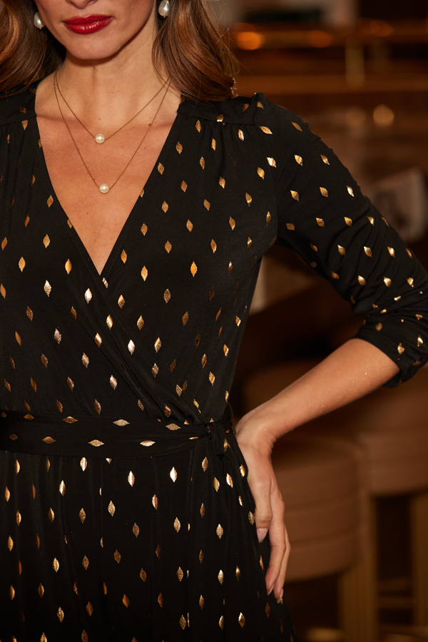 Petite Black & Gold Metallic Fleck Print Jumpsuit