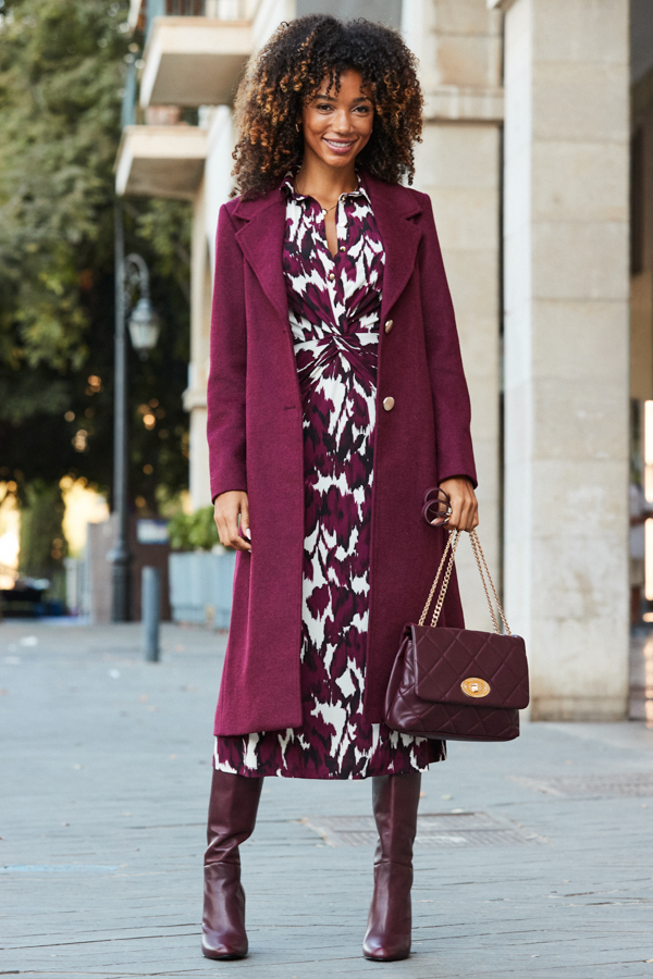 Burgundy Floral Print Twist Front Shirt Dress