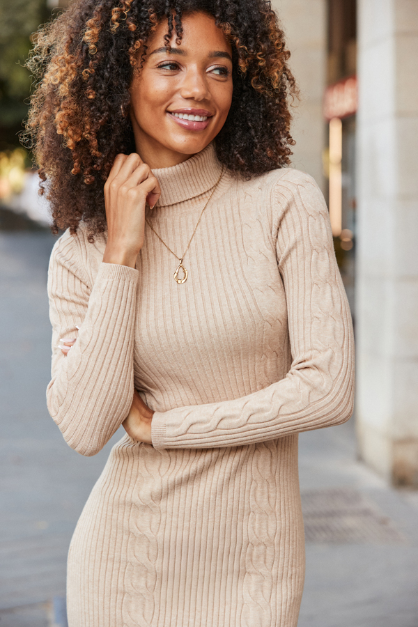 Natural Roll Neck Cable Knit Midi Dress