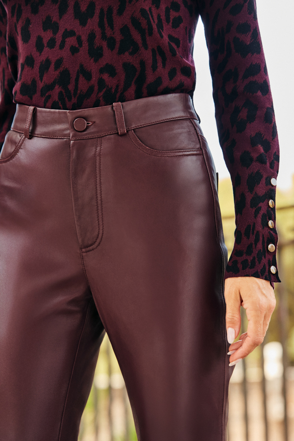 Burgundy Leather Kick Flare Trousers