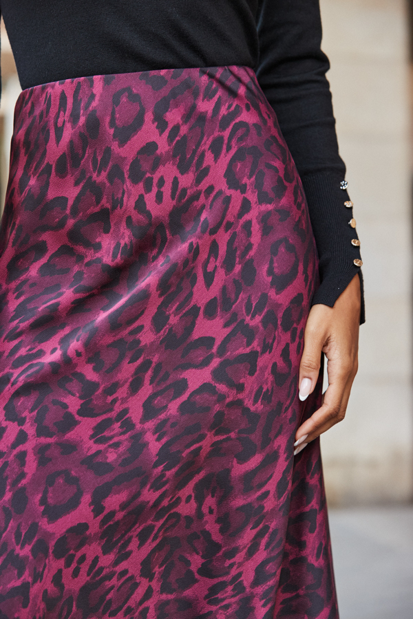Burgundy Leopard Print Satin Skirt