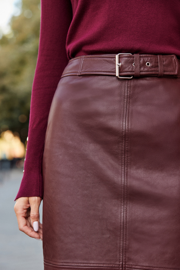 Burgundy Leather Panelled Pencil Midi Skirt