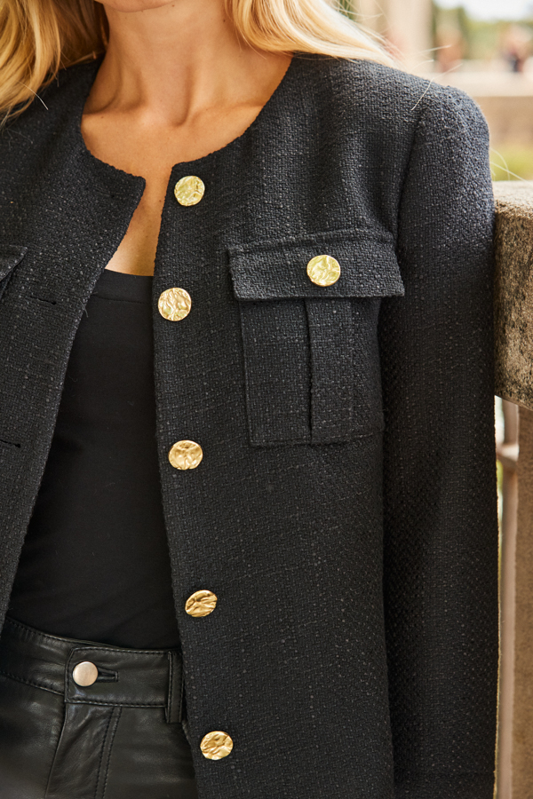 Black Boucle Collarless Jacket With Gold Buttons