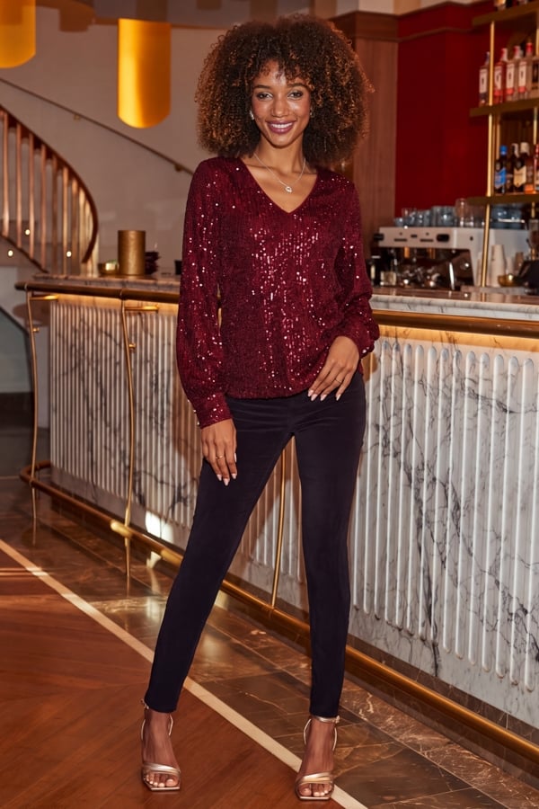 Red Sequin V Neck Blouson Sleeve Top