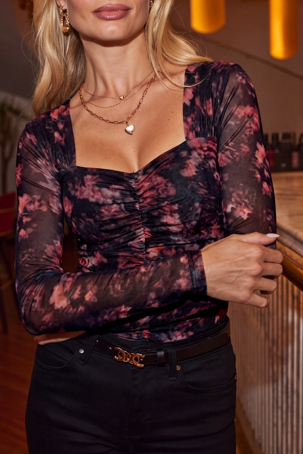Black & Red Floral Print Square Neck Ruched Detail Top