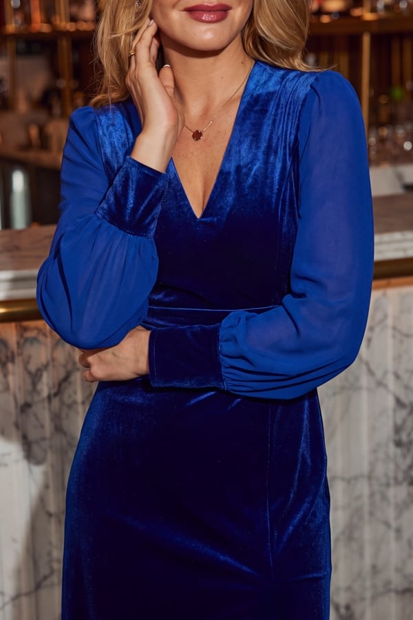 Cobalt Blue Velvet Blouson Sleeve Pencil Dress