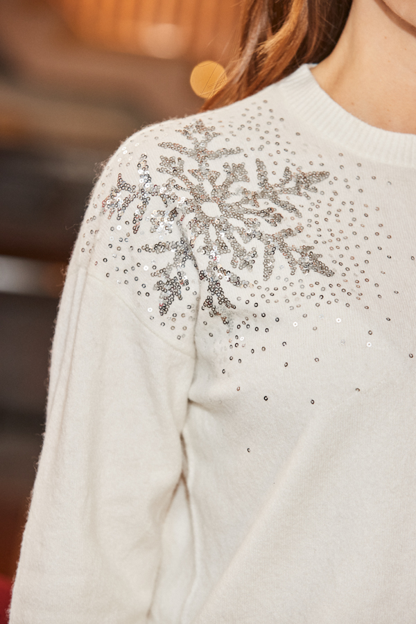 Cream Fluffy Sequin Snowflake Shoulder Detail Jumper