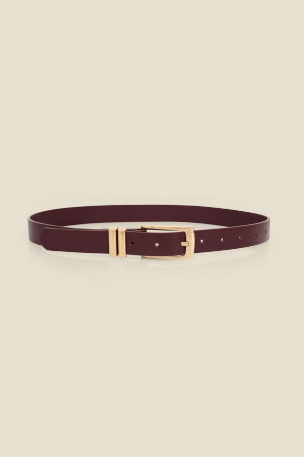 Burgundy Leather Belt With Gold Square Buckle