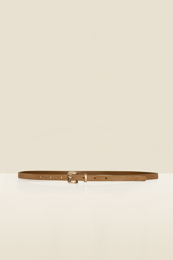 Tan Suede Gold Hammered Buckle Slim Leather Belt