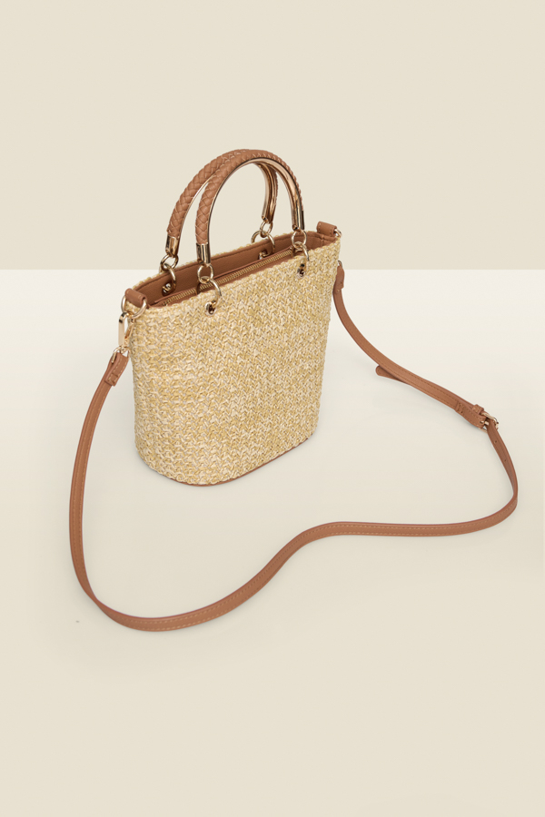 Natural Braided Handle Raffia Cross Body Bag