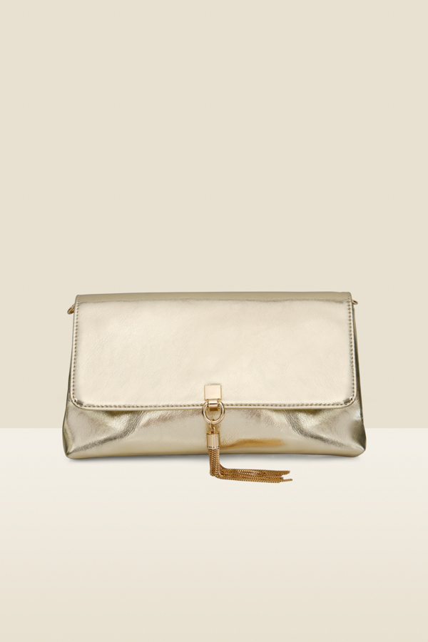 Gold Metallic Tassel Detail Clutch Bag with Chain Strap