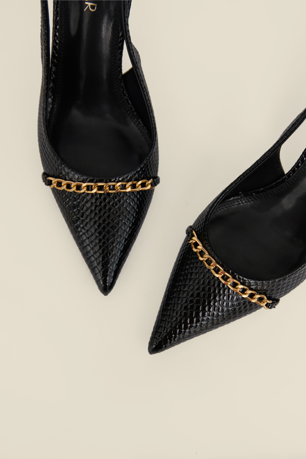 Black Croc Chain Detail Slingback High Heel Court Shoes
