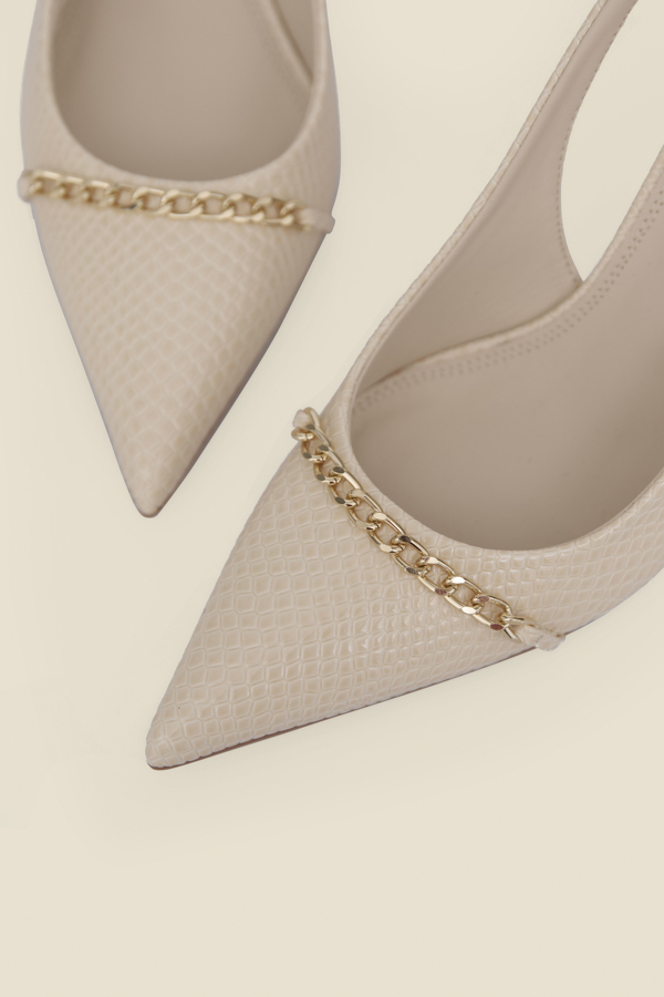 Ecru Croc Chain Detail Slingback High Heel Court Shoes