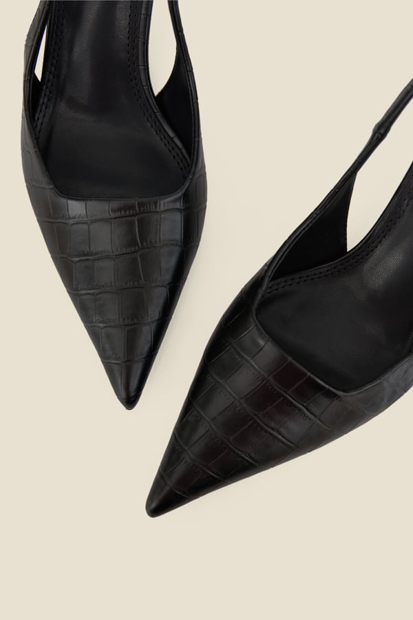 Black Croc Slingback Low Flared Heel Court Shoes