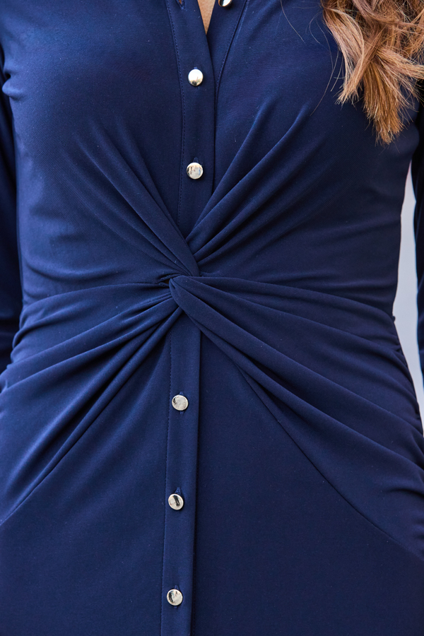 Navy Blue Button Detail Twist Front Shirt Dress