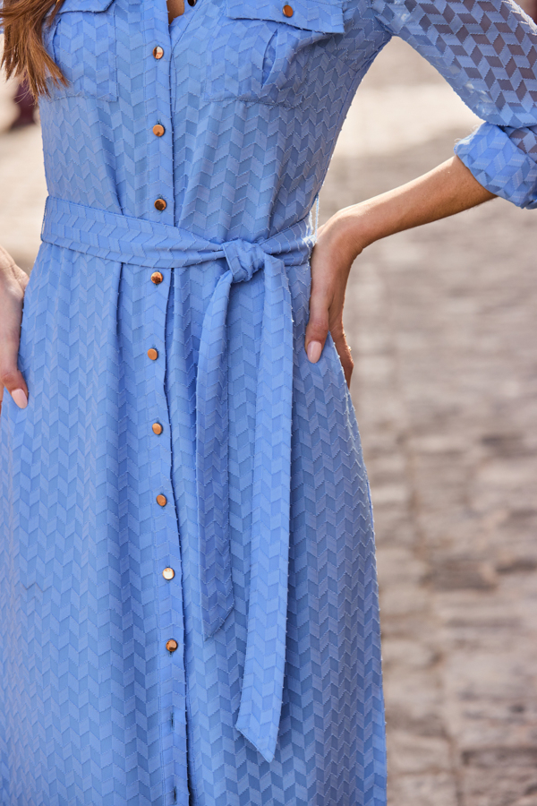 Cornflower Blue Textured Belted Shirt Dress