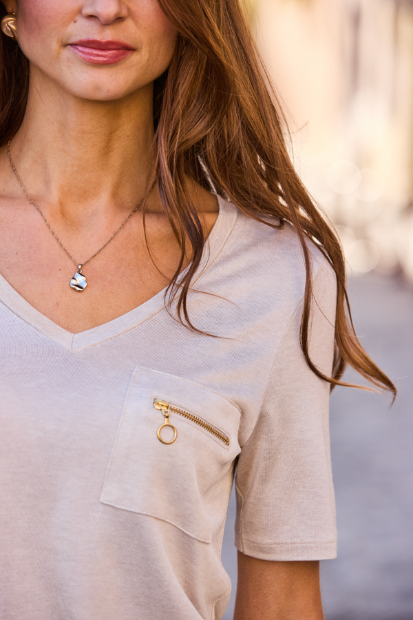 Champagne Shimmer Metallic Zip Detail T-Shirt