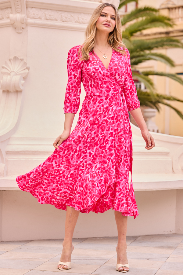 Pink Leopard Print Wrap Midi Dress